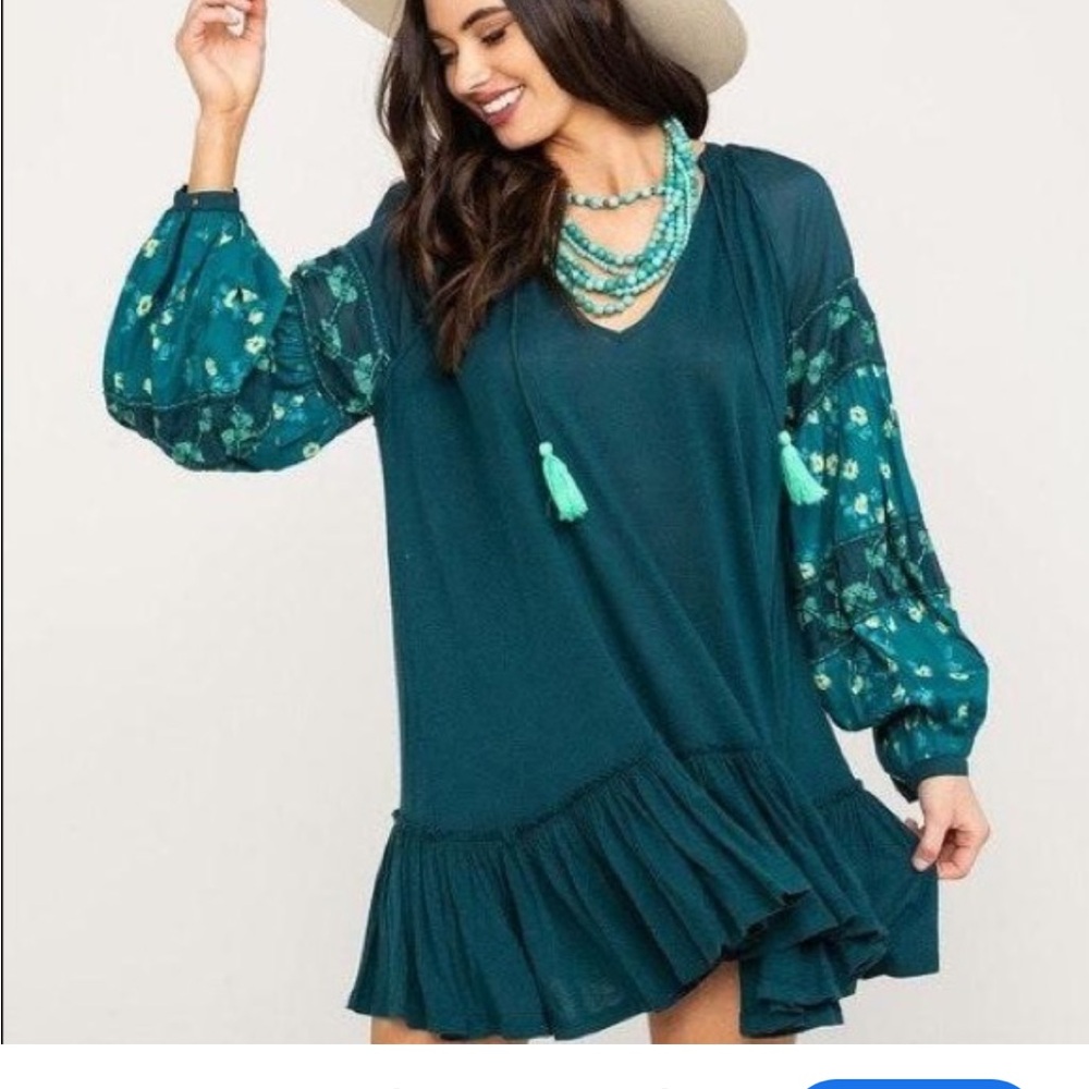Free People Green Ruffled Mini Dress with Bishop Sleeves
